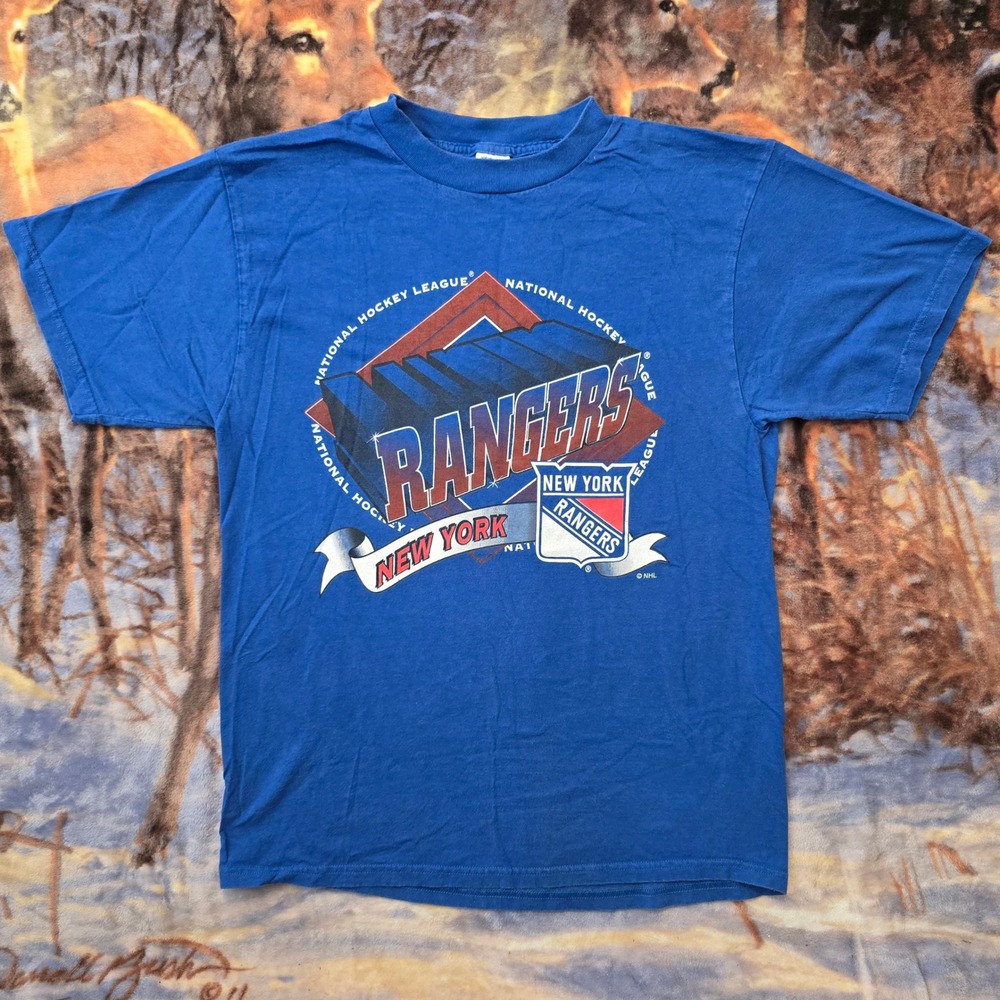 Vintage New York Rangers 90s NHL Hockey 3D Logo Graphic Sports Tee sz Large